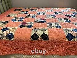 Vintage Quilt 72x80 Hand Quilted Widower's Choice Pattern Coral Pink