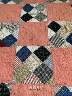 Vintage Quilt 72x80 Hand Quilted Widower's Choice Pattern Coral Pink