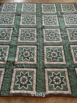 Vintage Quilt 8 Point Star Green Reverses To Burnt Orange Handmade 82x89 MINT