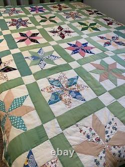 Vintage Quilt 8 Pt Star Hand Quilted 67x81 Yellow Back Great Old Fabric