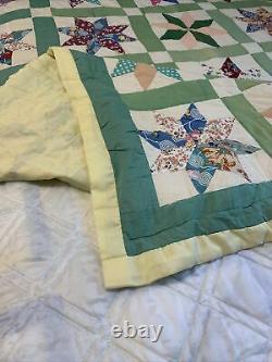 Vintage Quilt 8 Pt Star Hand Quilted 67x81 Yellow Back Great Old Fabric