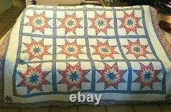 Vintage Quilt 81x81 8 Point Star Handmade Pink Blue White Backing Farmhouse