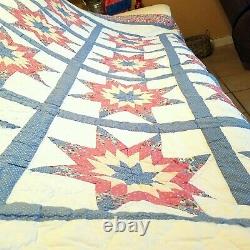 Vintage Quilt 81x81 8 Point Star Handmade Pink Blue White Backing Farmhouse