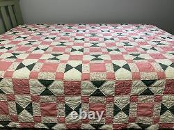 Vintage Quilt 81x90 Pink Green Hand Quilted
