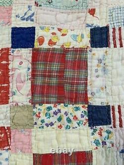 Vintage Quilt 9 Patch Variation 64x77 Hand Quilted Light Weight Great Old Fabric