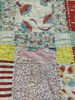 Vintage Quilt 9 Patch Variation 64x77 Hand Quilted Light Weight Great Old Fabric