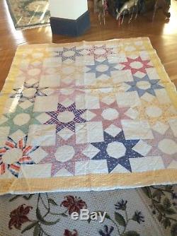 Vintage Quilt All Hand Made & Quilted 64 x 80 Twin Size Star Pattern