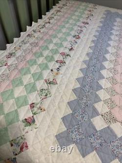 Vintage Quilt Around the World 60x80 Pastel Squares Hand Quilted