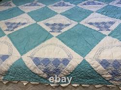 Vintage Quilt Basket 61x71 Hand Quilted Blue Turquoise