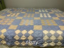 Vintage Quilt Blue & Tan Squares 65x81 Hand Quilted Display Repurpose