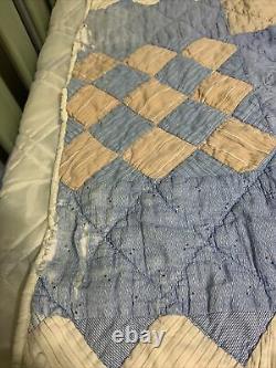 Vintage Quilt Blue & Tan Squares 65x81 Hand Quilted Display Repurpose