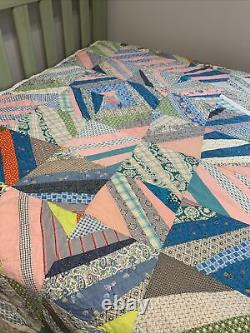 Vintage Quilt Crazy 73x82 Hand Quilted Blue Pink