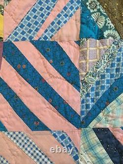 Vintage Quilt Crazy 73x82 Hand Quilted Blue Pink