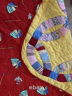 Vintage Quilt Double Wedding Ring Handmade Reversible Yellow Red 76x93 MINT