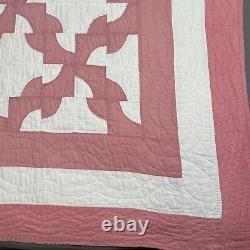 Vintage Quilt Drunkard Path Hand Made Quilted Pink White 66x77