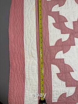 Vintage Quilt Drunkard Path Hand Made Quilted Pink White 66x77