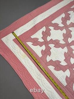 Vintage Quilt Drunkard Path Hand Made Quilted Pink White 66x77