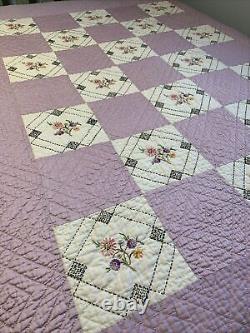 Vintage Quilt Embroidered 62x80 Hand Quilted Purple