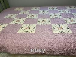 Vintage Quilt Embroidered 62x80 Hand Quilted Purple