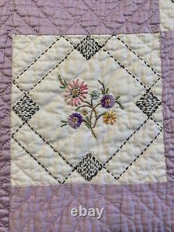 Vintage Quilt Embroidered 62x80 Hand Quilted Purple