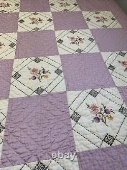 Vintage Quilt Embroidered 62x80 Hand Quilted Purple