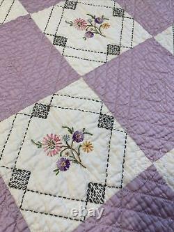 Vintage Quilt Embroidered 62x80 Hand Quilted Purple