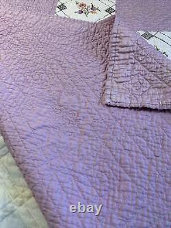 Vintage Quilt Embroidered 62x80 Hand Quilted Purple