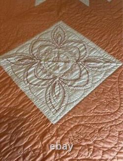 Vintage Quilt Embroidered 72x88 Hand Quilted Peach Off White