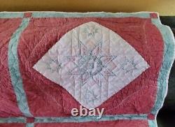 Vintage Quilt Embroidered Stars 72x88 Hand Quilted Faded Red White Blue STAIN