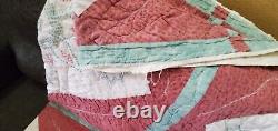 Vintage Quilt Embroidered Stars 72x88 Hand Quilted Faded Red White Blue STAIN