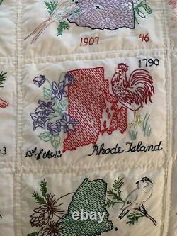 Vintage Quilt Embroidery 50 States w State Bird, Flower & Other Stats HANDWORK