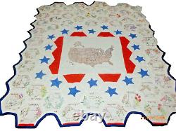 Vintage Quilt Embroidery 50 States w State Flower 74x80 Handmade Map