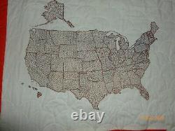 Vintage Quilt Embroidery 50 States w State Flower 74x80 Handmade Map