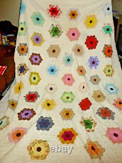 Vintage Quilt Flower Garden 94x120 100% Cotton Hand Quilted 100% Stitched HUGE