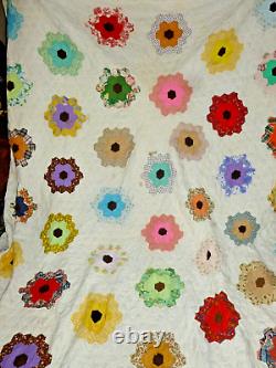Vintage Quilt Flower Garden 94x120 100% Cotton Hand Quilted 100% Stitched HUGE