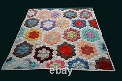 Vintage Quilt Flower garden Hand-stitched Hexagons 82 x 76