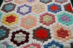 Vintage Quilt Flower garden Hand-stitched Hexagons 82 x 76