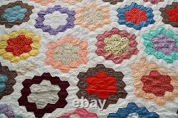 Vintage Quilt Flower garden Hand-stitched Hexagons 82 x 76