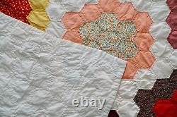 Vintage Quilt Flower garden Hand-stitched Hexagons 82 x 76