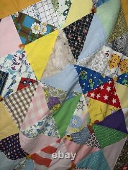 Vintage Quilt Granny Square Triangle Patchwork Crazy Handmade Farm 102 X 80