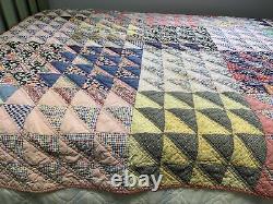 Vintage Quilt Half Squares 65x75 Hand Quilted Great Old Fabric