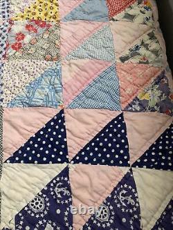 Vintage Quilt Half Squares 65x75 Hand Quilted Great Old Fabric
