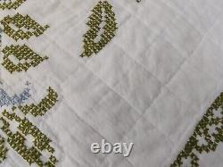 Vintage Quilt Hand Cross Stitched Quilted Floral Center Medallion Coverlet 84x94