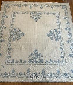 Vintage Quilt Hand Stitched Embroidery Cross Stitch Blue 98 x 95 Never Used