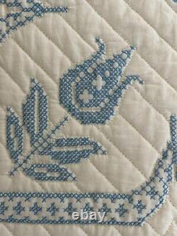 Vintage Quilt Hand Stitched Embroidery Cross Stitch Blue 98 x 95 Never Used