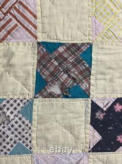 Vintage Quilt Hand Stitched Patchwork Squares Cotton Feedsack 75X 79
