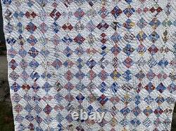 Vintage Quilt Hand Stitched Quilted Floral Fabrics and White 66x76 Stunning