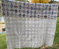 Vintage Quilt Hand Stitched Quilted Floral Fabrics and White 66x76 Stunning