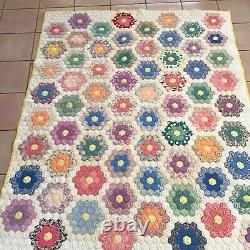 Vintage Quilt Hand Stitched Sewn Grandmothers Flower Garden 86x67 STAIN