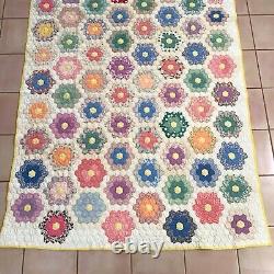 Vintage Quilt Hand Stitched Sewn Grandmothers Flower Garden 86x67 STAIN